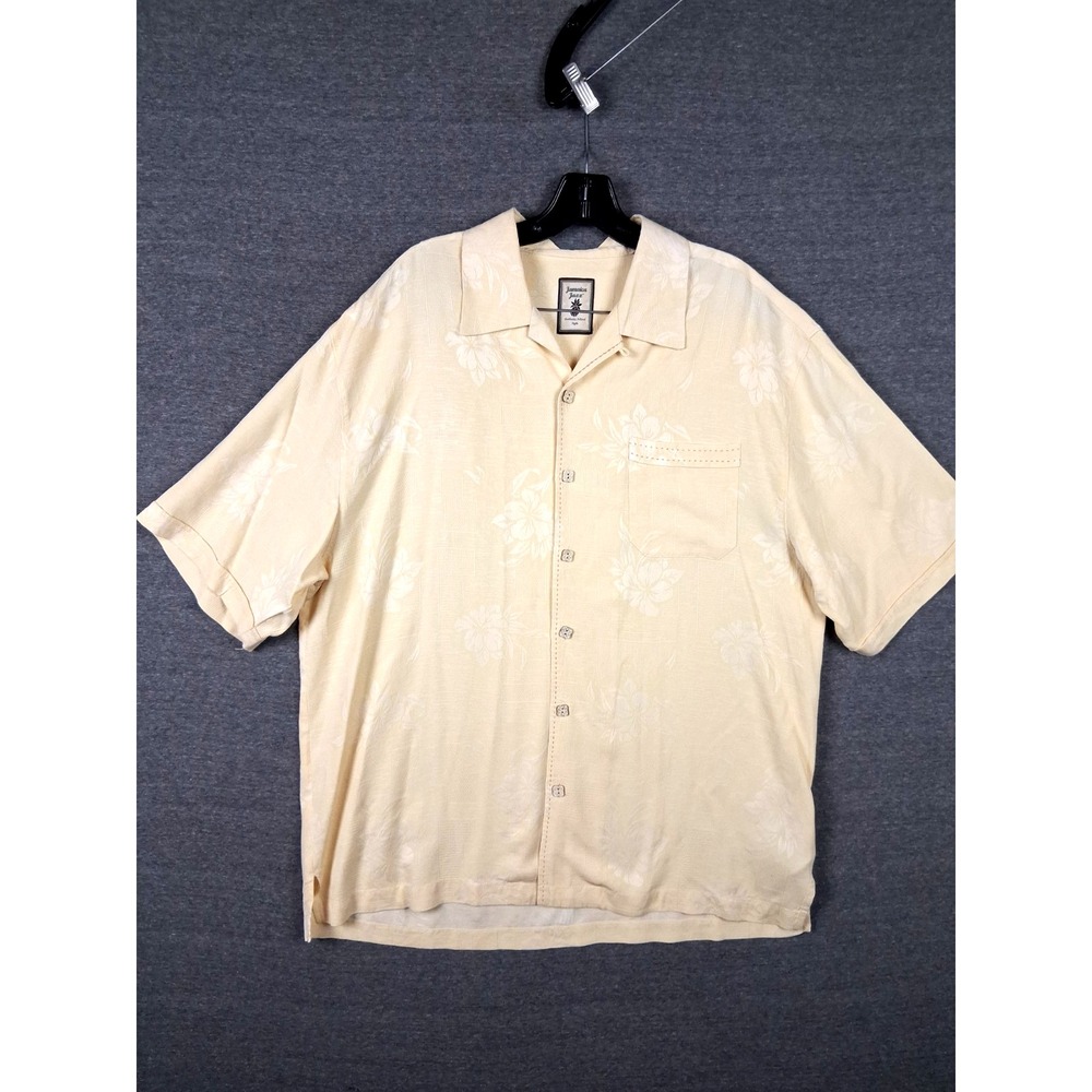 Jamaica Jaxx Mens Shirt Large Yellow Floral 100% Silk Vintage Hawaiian Shirt
